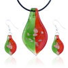 Pink And Green Leaf Dichroic Glass Pendant And Earring Set