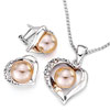 Silver Tone Heart With Pearl And Clear Rhinestone Crystal Pendant And Earr...