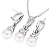 Silver Tone Metal Base With White Pearl Pendant And Earrings Set
