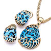 Gold Drop With Blue Horse Eye Diamond Drop With Black Pattern Pendant And Earrings Set
