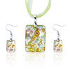 Silver Foil Yellow Flower Dichroic Glass Pendant And Earring Set