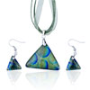 Peacock Blue Triangular Fused Dichroic Glass Pendant And Earring Set